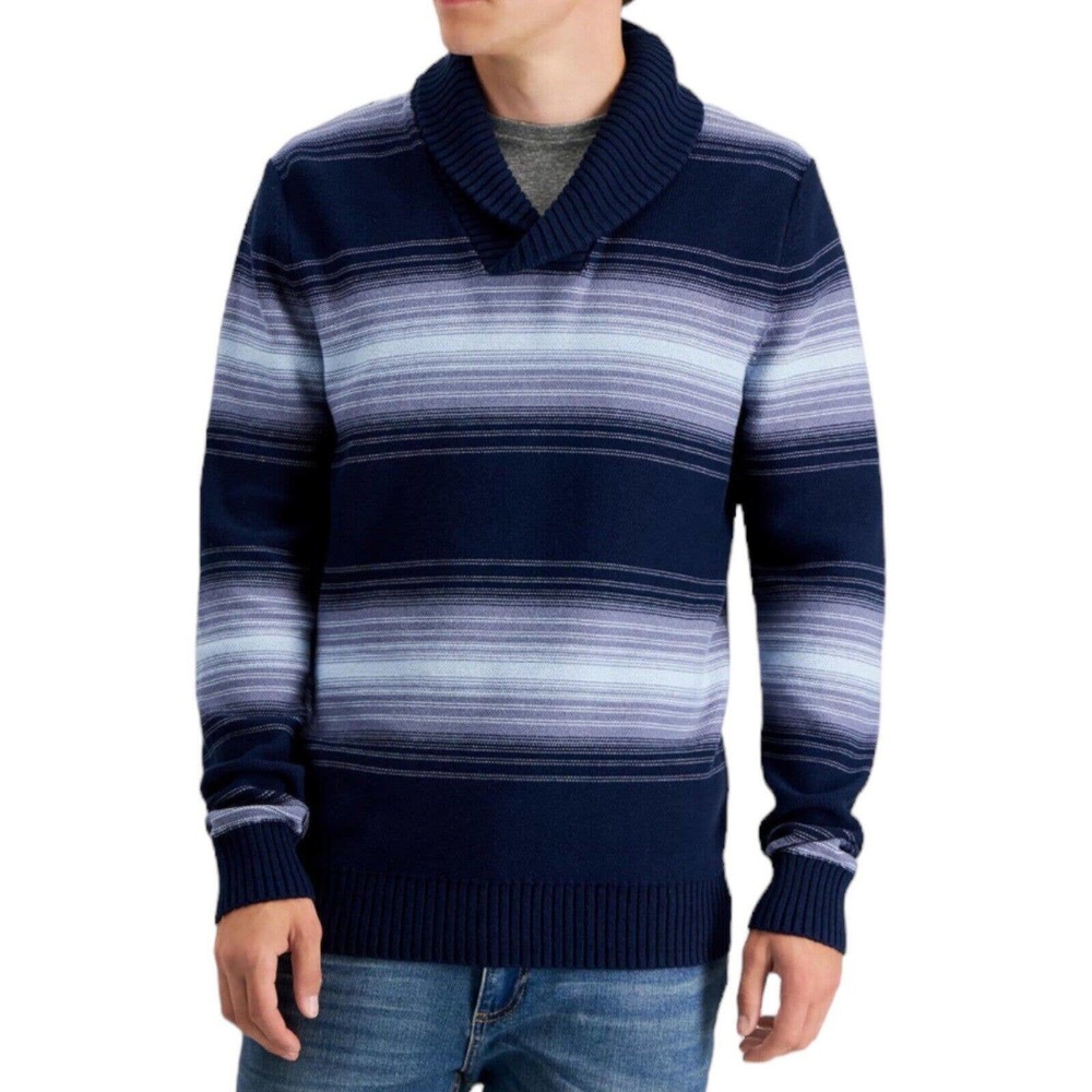 NWT Sun & Stone Blue Deacon Horizontal Striped Shawl Sweater Mens Size Small